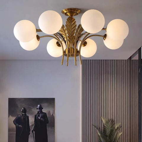 Modern Sputnik White Glass Sphere Golden Feather Chandelier for Living Room/Bedroom/Entryance