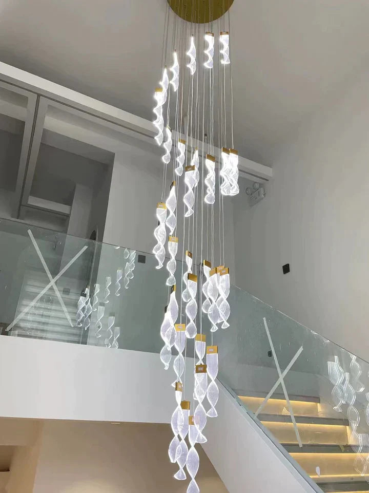 spiral, staircase, adjustable, acrylic, DNA, living room, indoor, extra large, chandelier, creative, luxury, wire, gold