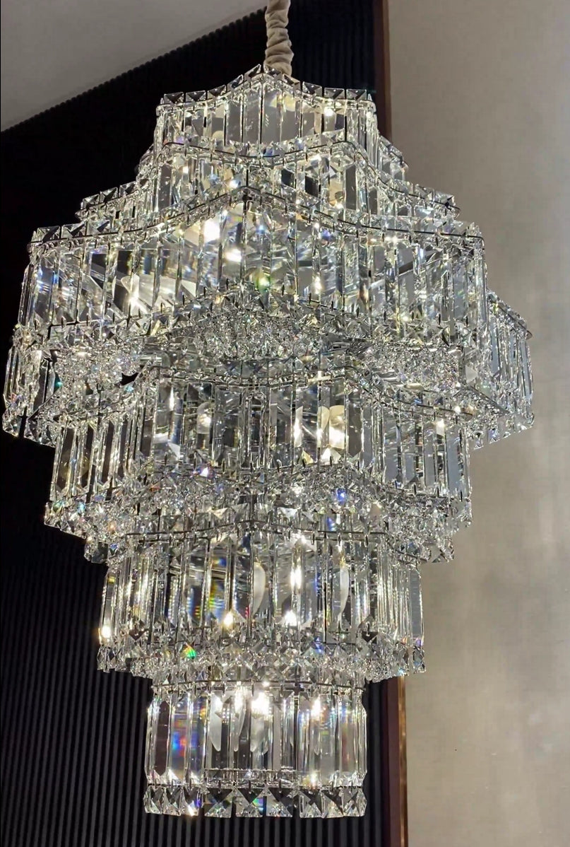 Extra Large Plaza Hall  Multi-Tier Crystal Chandelier Foyer Living Room Staircase Ceiling Lighting Fixture  In Chrome/ Silver Finish