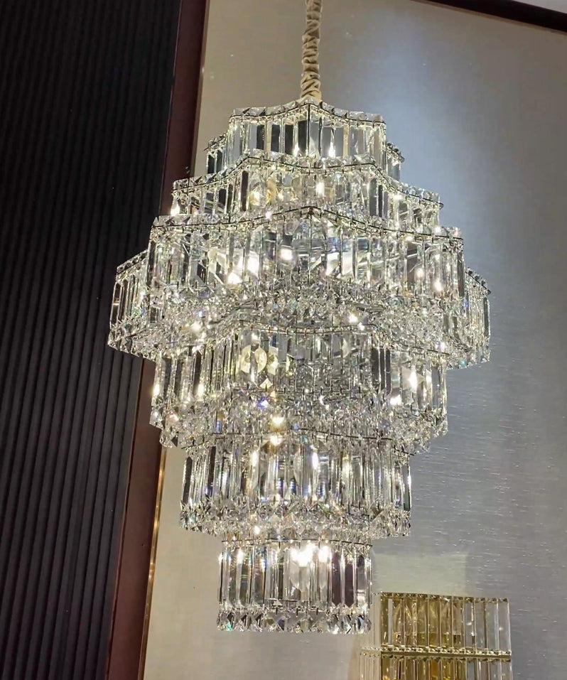 Extra Large Plaza Hall  Multi-Tier Crystal Chandelier Foyer Living Room Staircase Ceiling Lighting Fixture  In Chrome/ Silver Finish