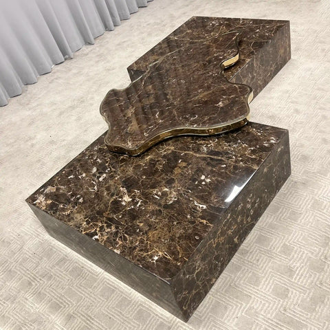 Luxury Sculptural Coffee Table Black & White High-Gloss Marble Finish