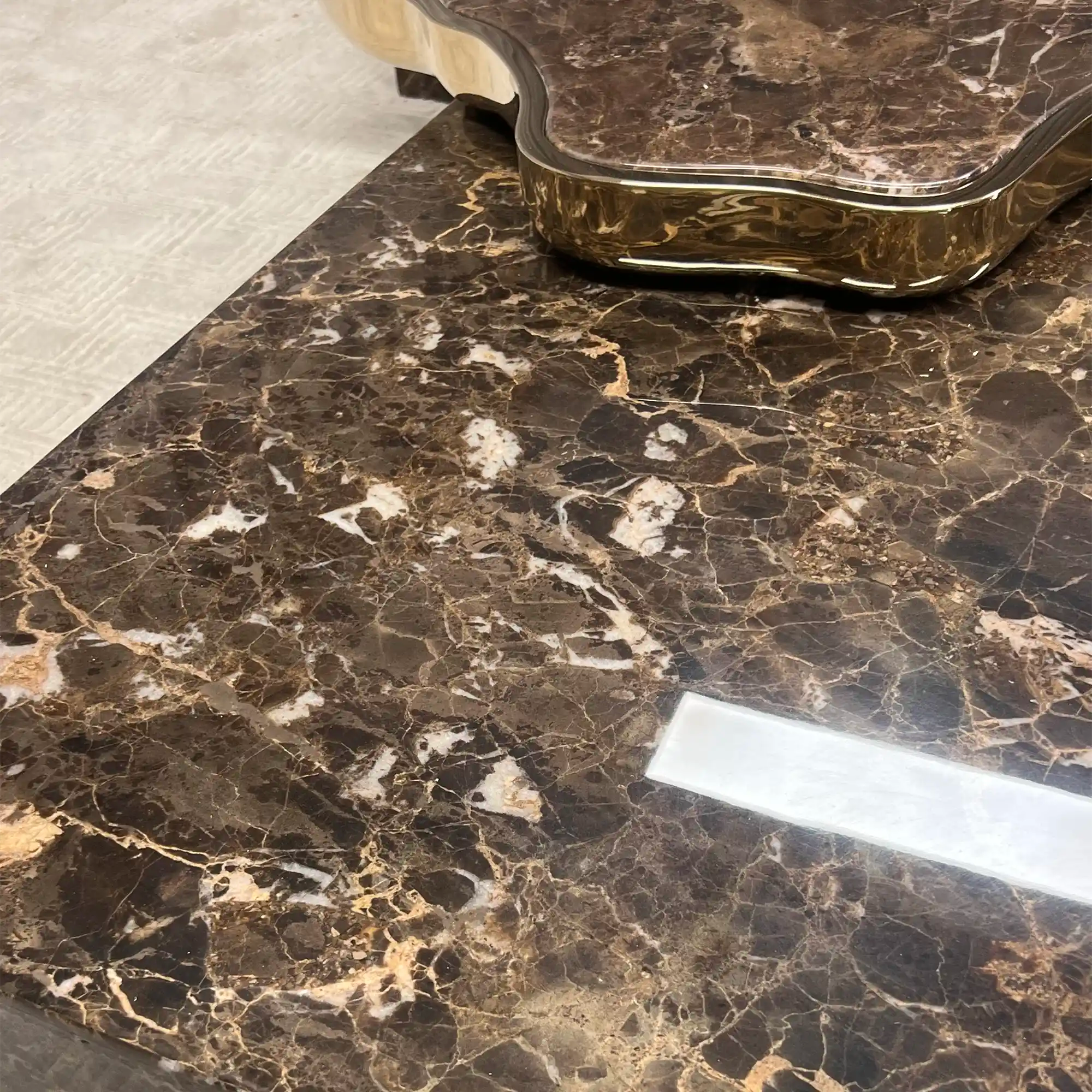 Luxury Sculptural Coffee Table Black & White High-Gloss Marble Finish