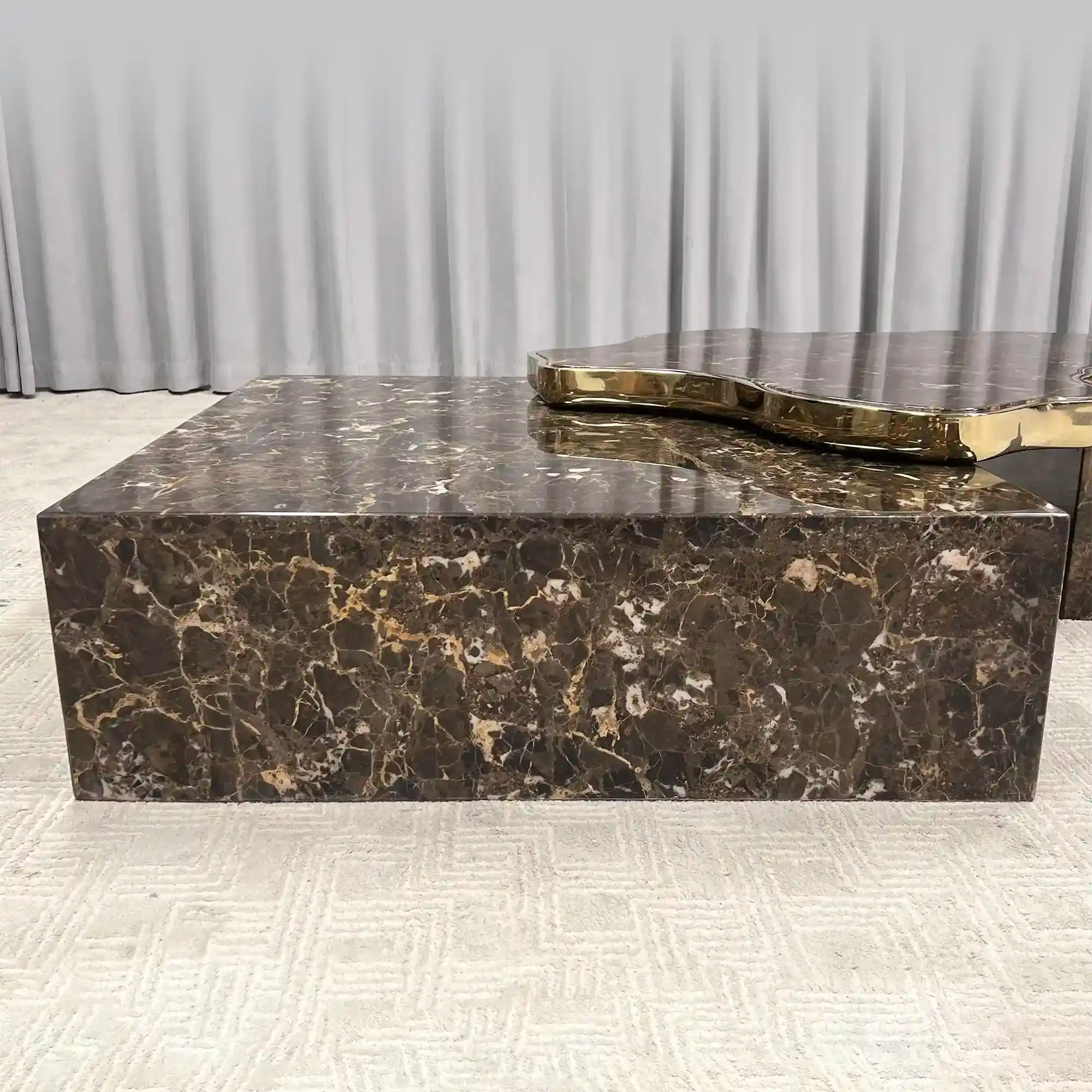Luxury Sculptural Coffee Table Black & White High-Gloss Marble Finish