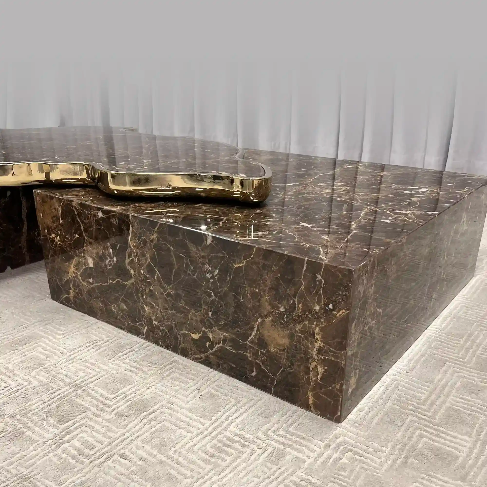 Luxury Sculptural Coffee Table Black & White High-Gloss Marble Finish
