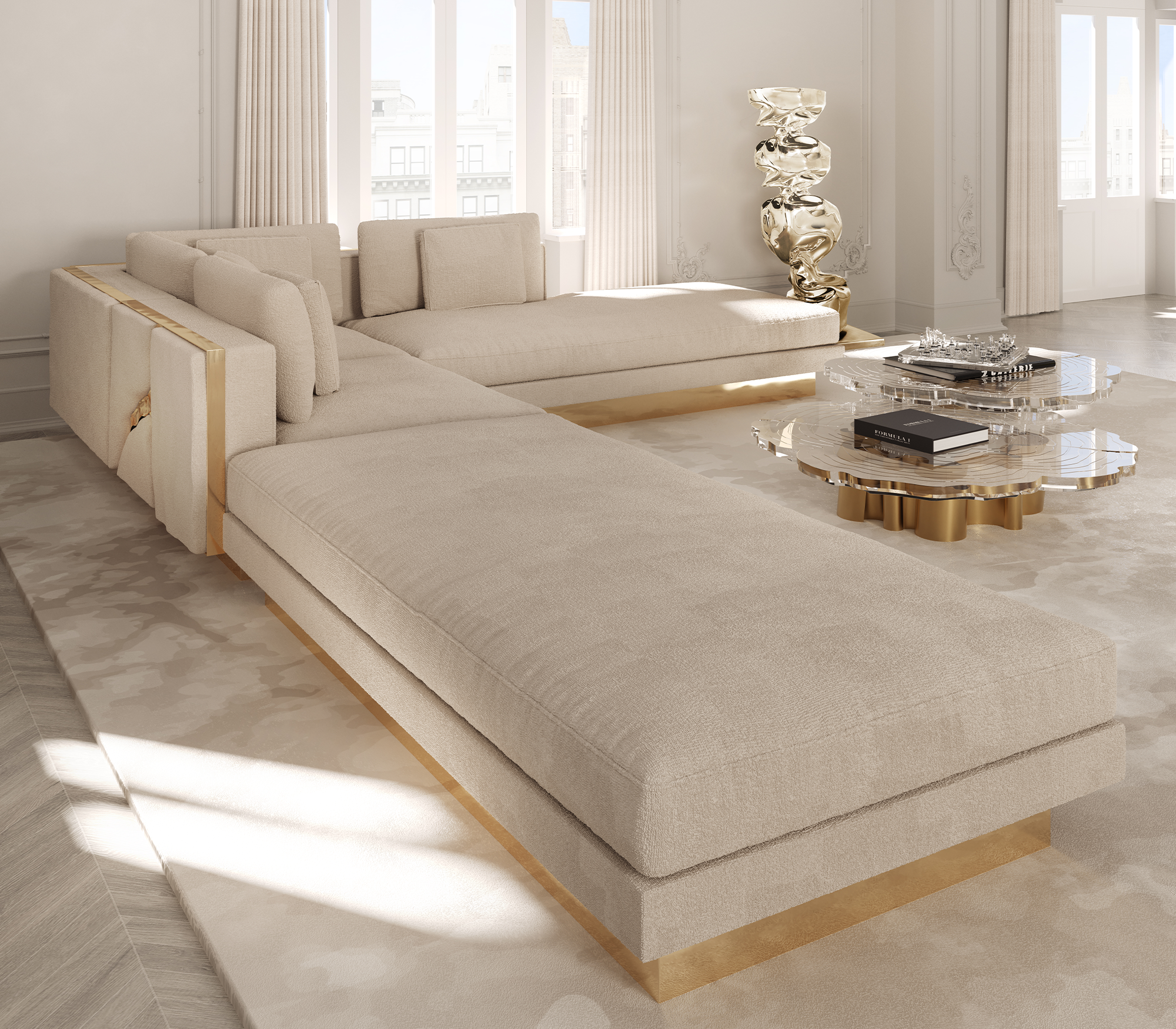 Brass Stone Gold Sculptural Form Sofa