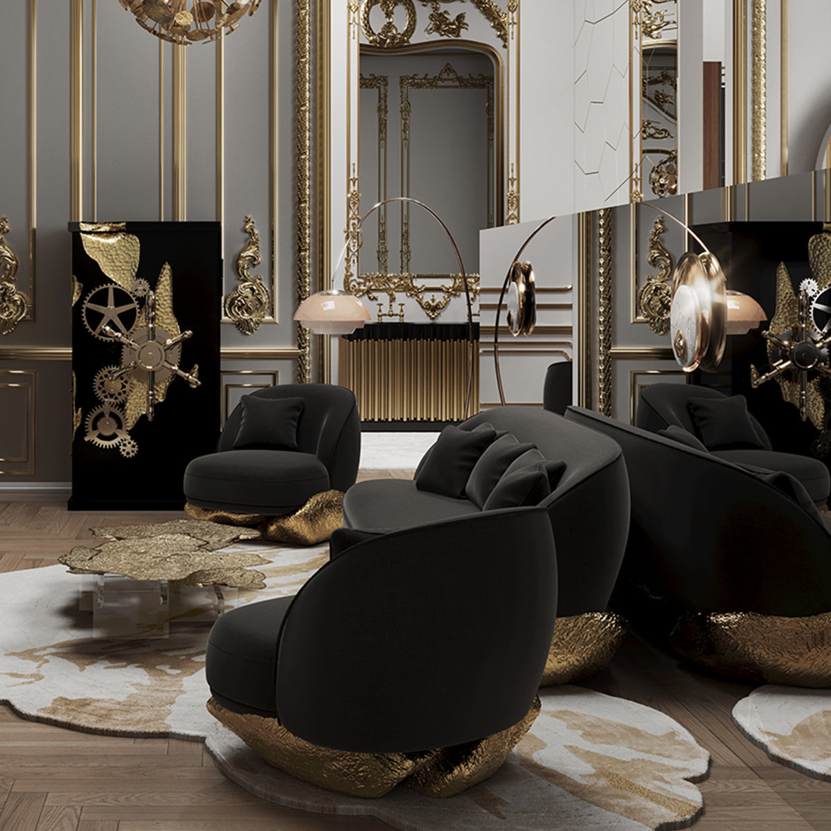 Brass Wood Sculptural Form Sideboard Living Room