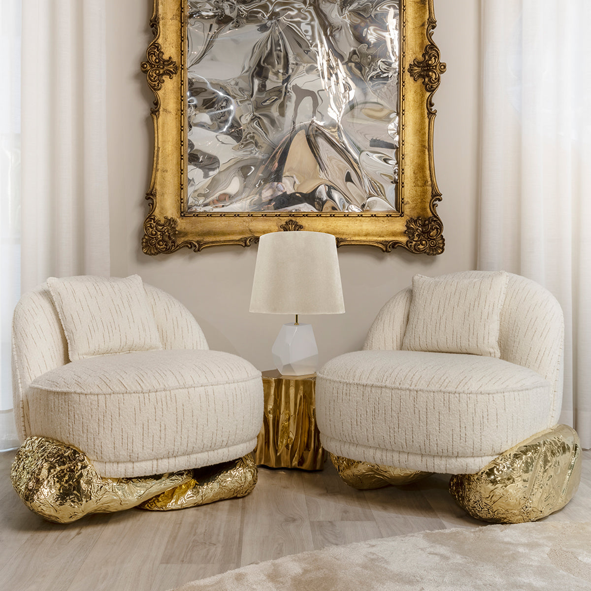 Brass Wood Sculptural Form Sideboard Living Room