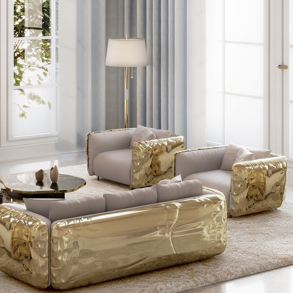 Brass Leather Sculptural Form Armchair