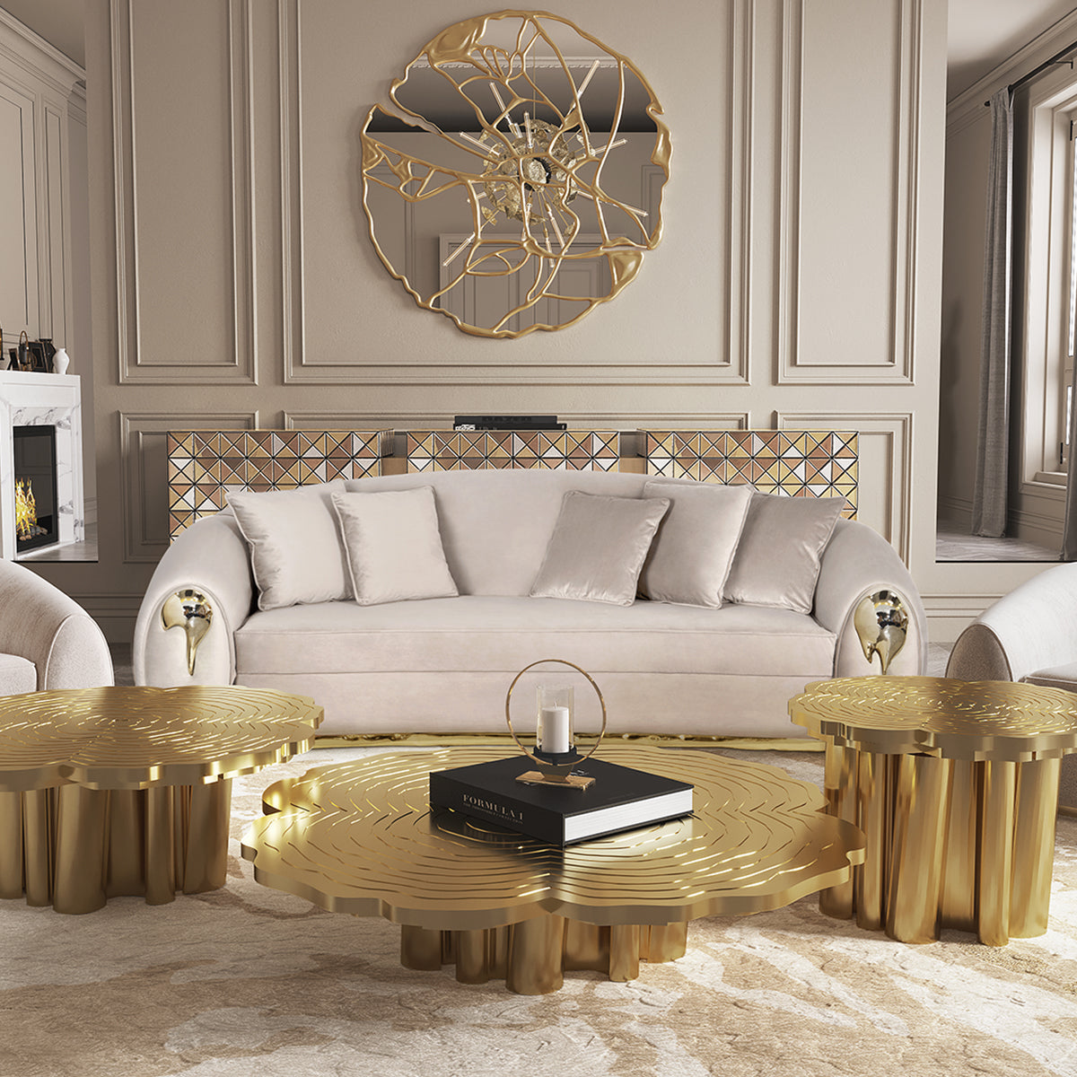 Brass Wood Sculptural Form Sofa Living Room