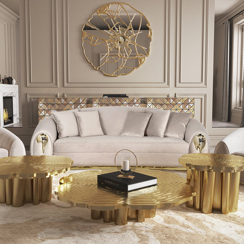 Brass Wood Sculptural Form Sofa Living Room