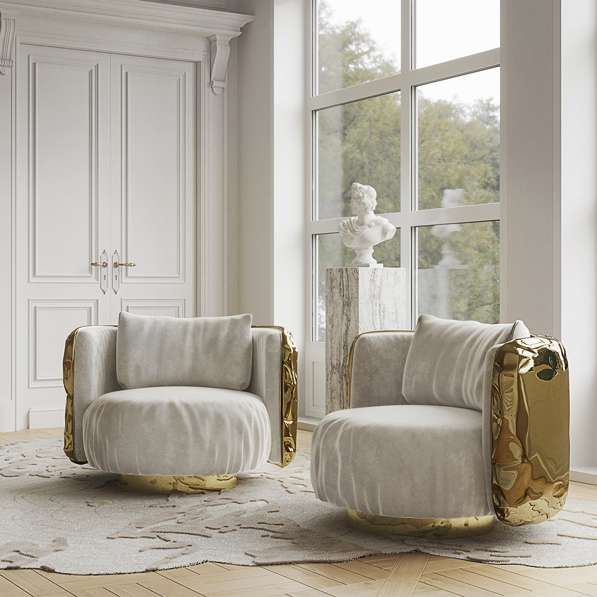 Brass Wood Sculptural Form Armchair