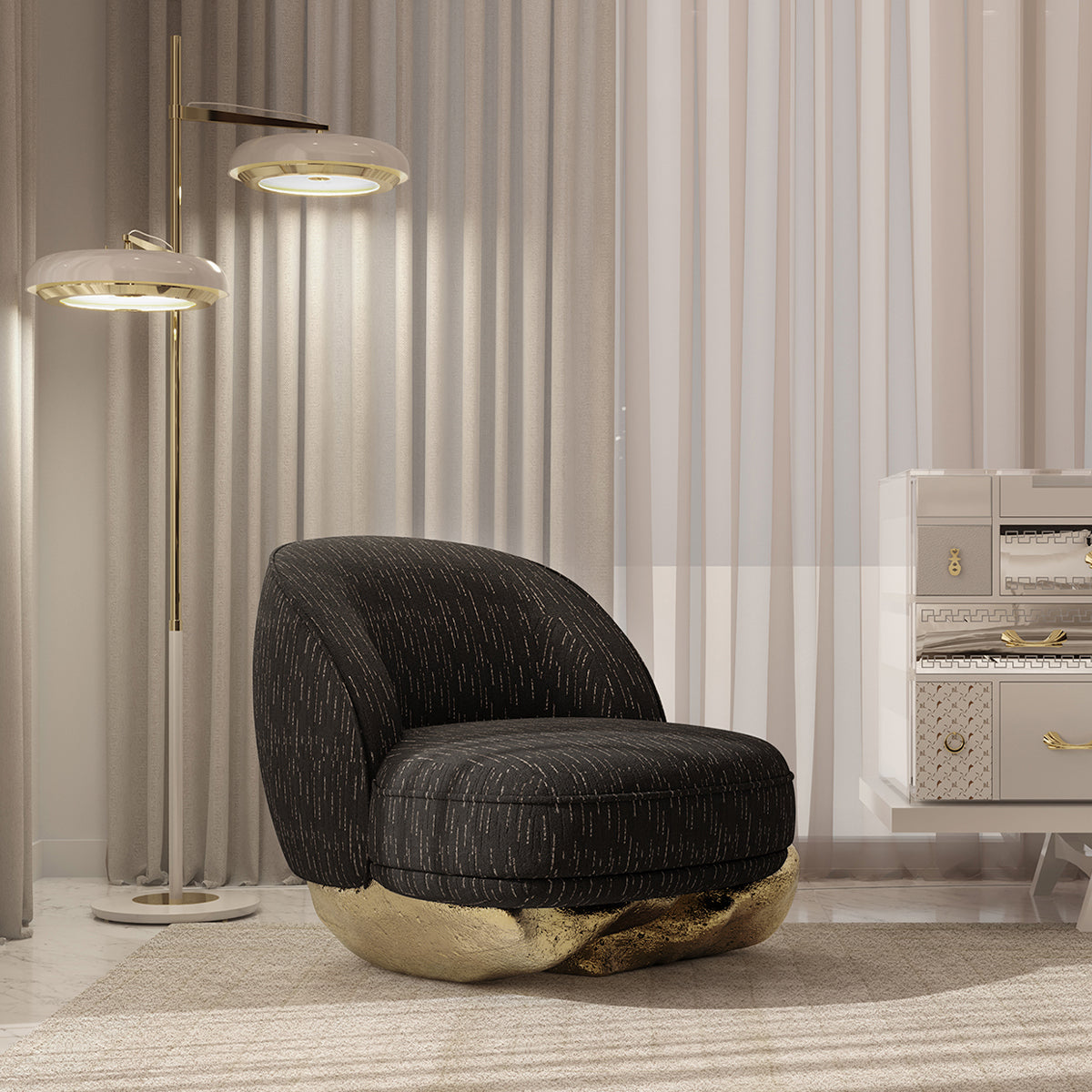 Brass Wood Sculptural Form Sideboard Living Room