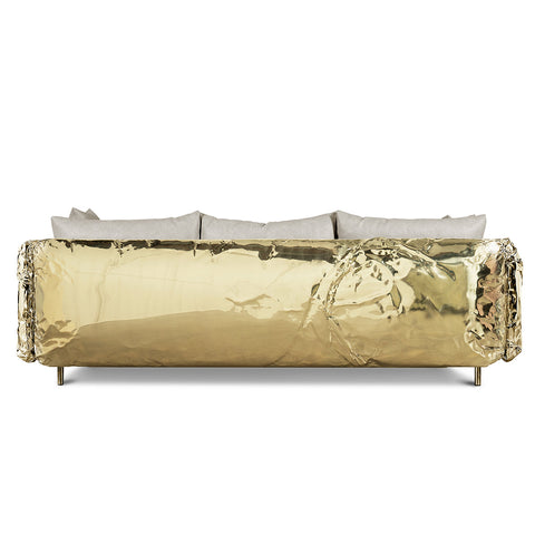 Brass Wood Sculptural Form Sofa