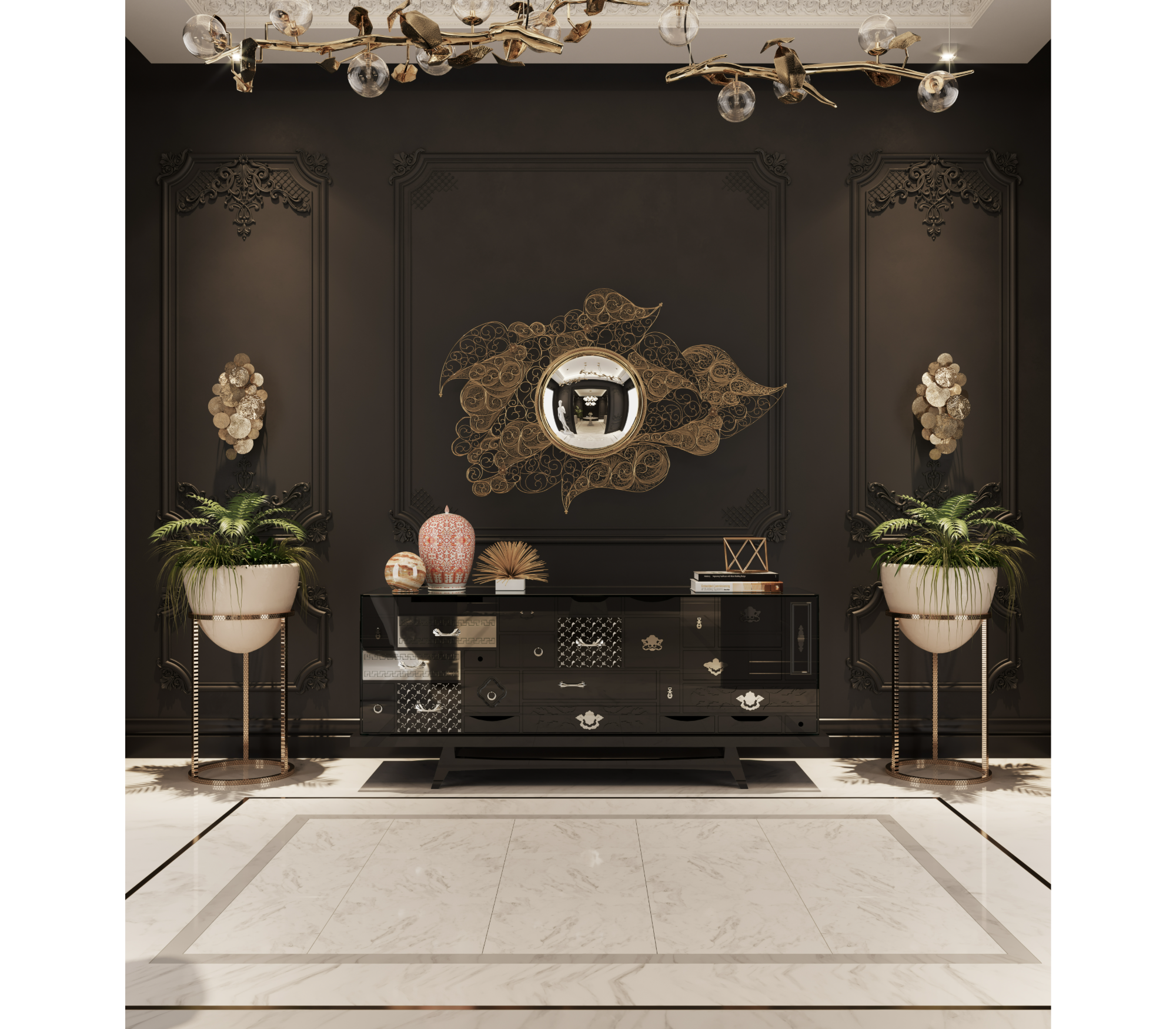 Black Hidden Storage Sculptural Form Sideboard