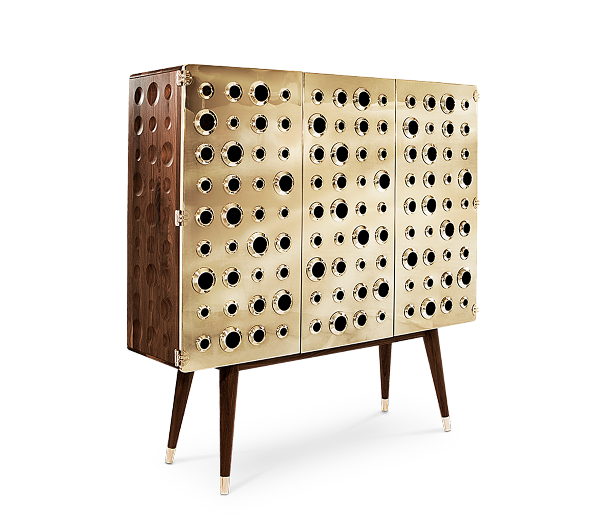Walnut Bar Cabinet with Brass Accents and Hidden Storage