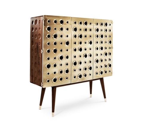 Walnut Bar Cabinet with Brass Accents and Hidden Storage
