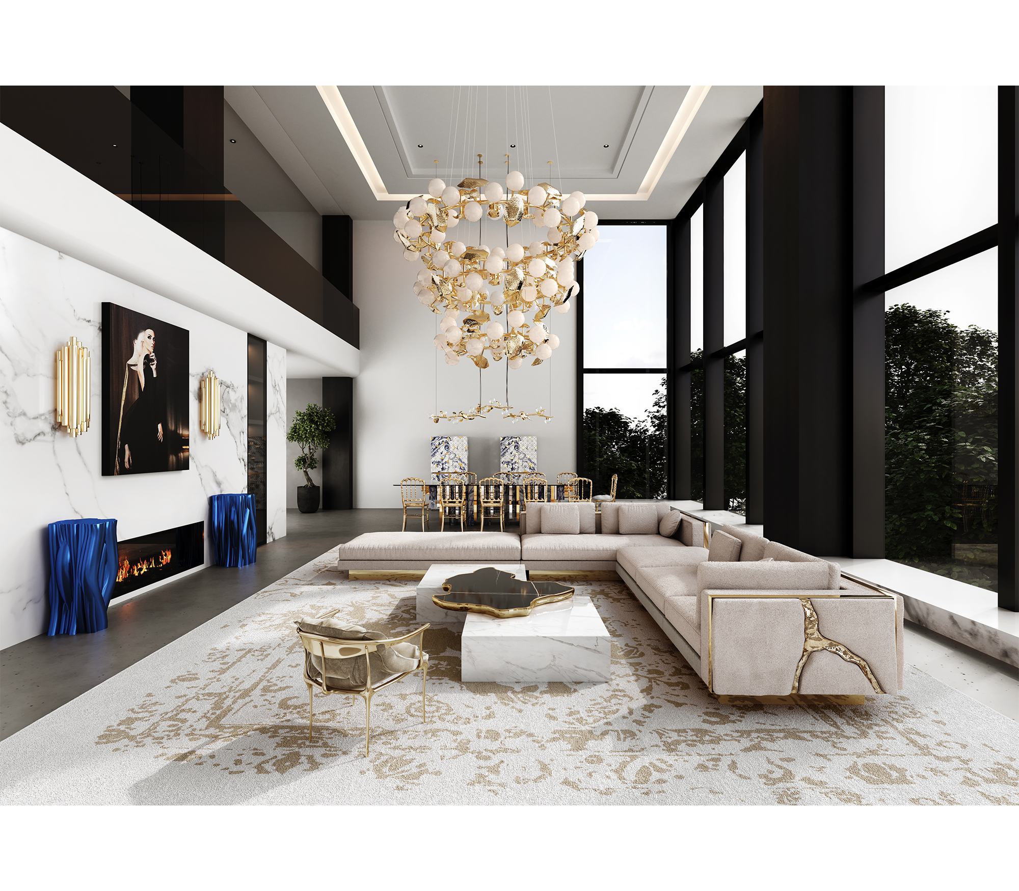 Luxury Sculptural Coffee Table Black & White High-Gloss Marble Finish
