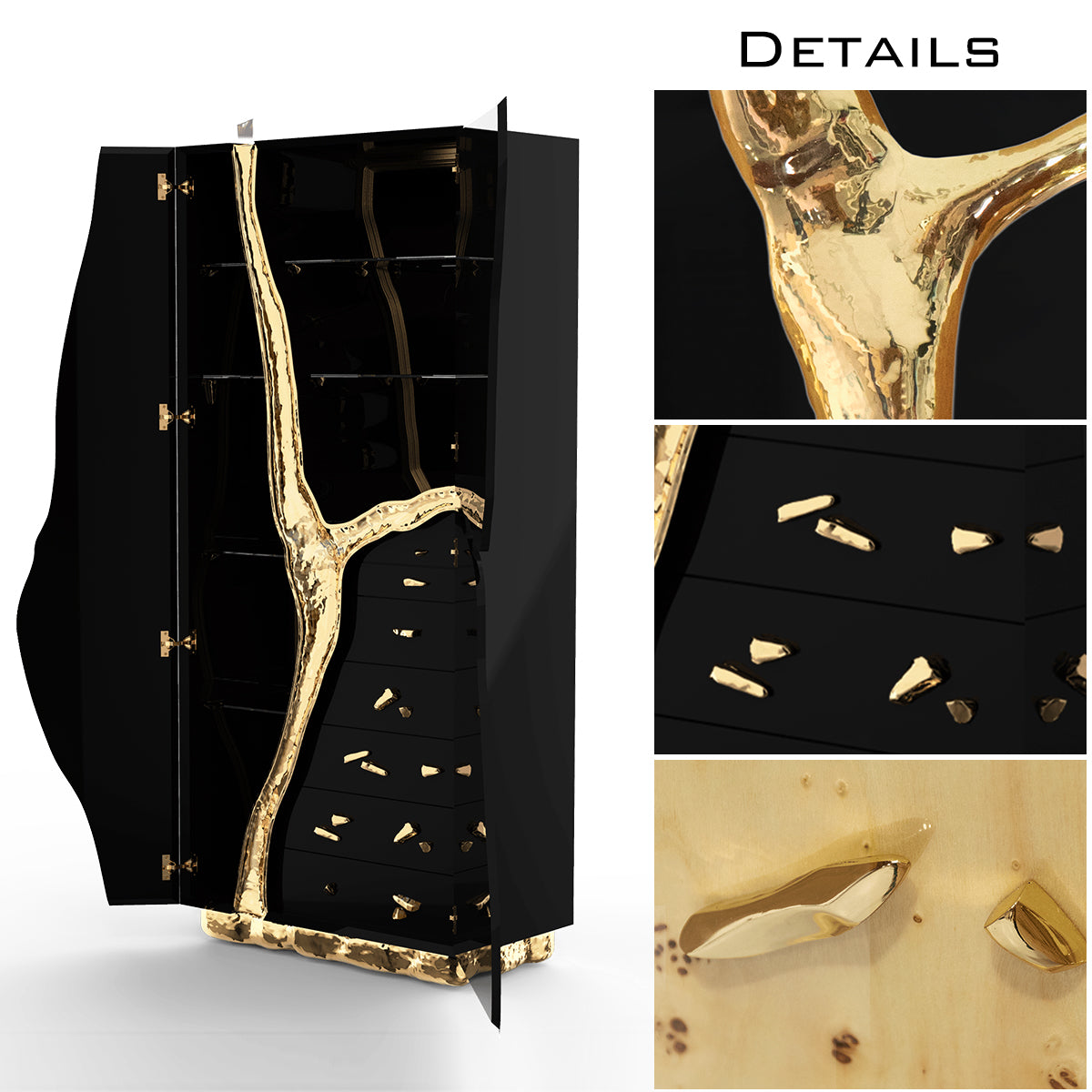 Walnut Brass Hidden Storage Display Cabinet Brass Accents