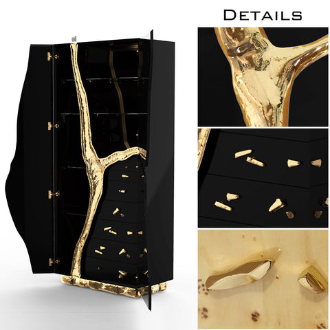 Walnut Brass Hidden Storage Display Cabinet Brass Accents