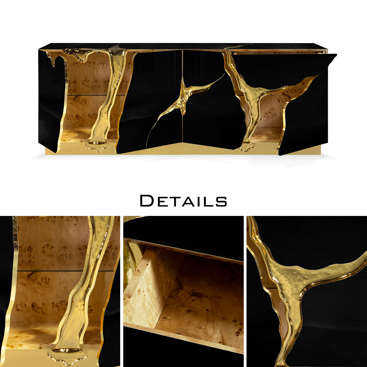 Black Gold Sideboard Cabinet with Sculptural Cracked Design