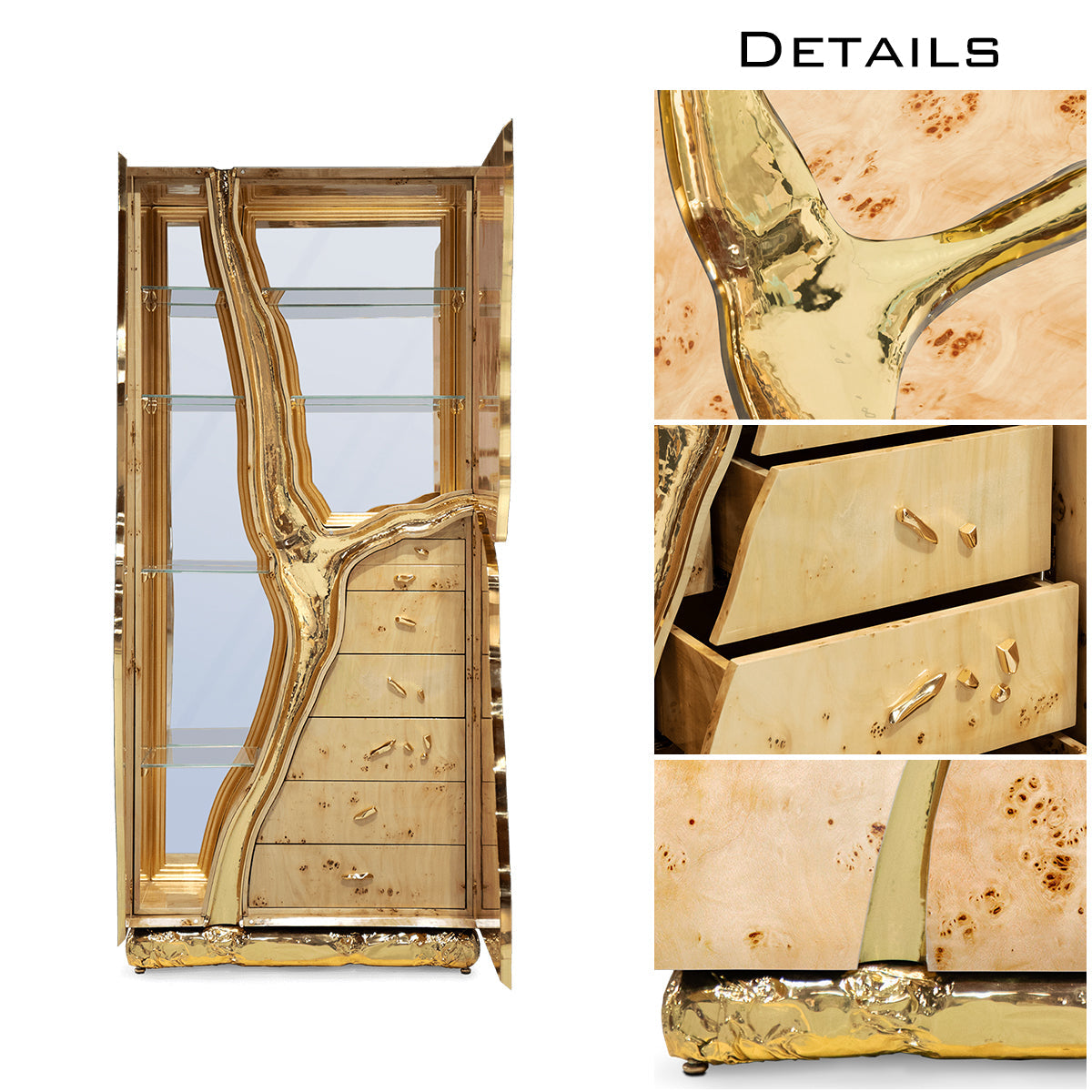 Walnut Brass Hidden Storage Display Cabinet Brass Accents