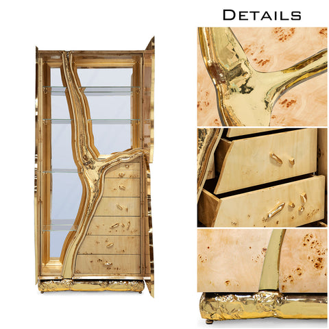 Walnut Brass Hidden Storage Display Cabinet Brass Accents