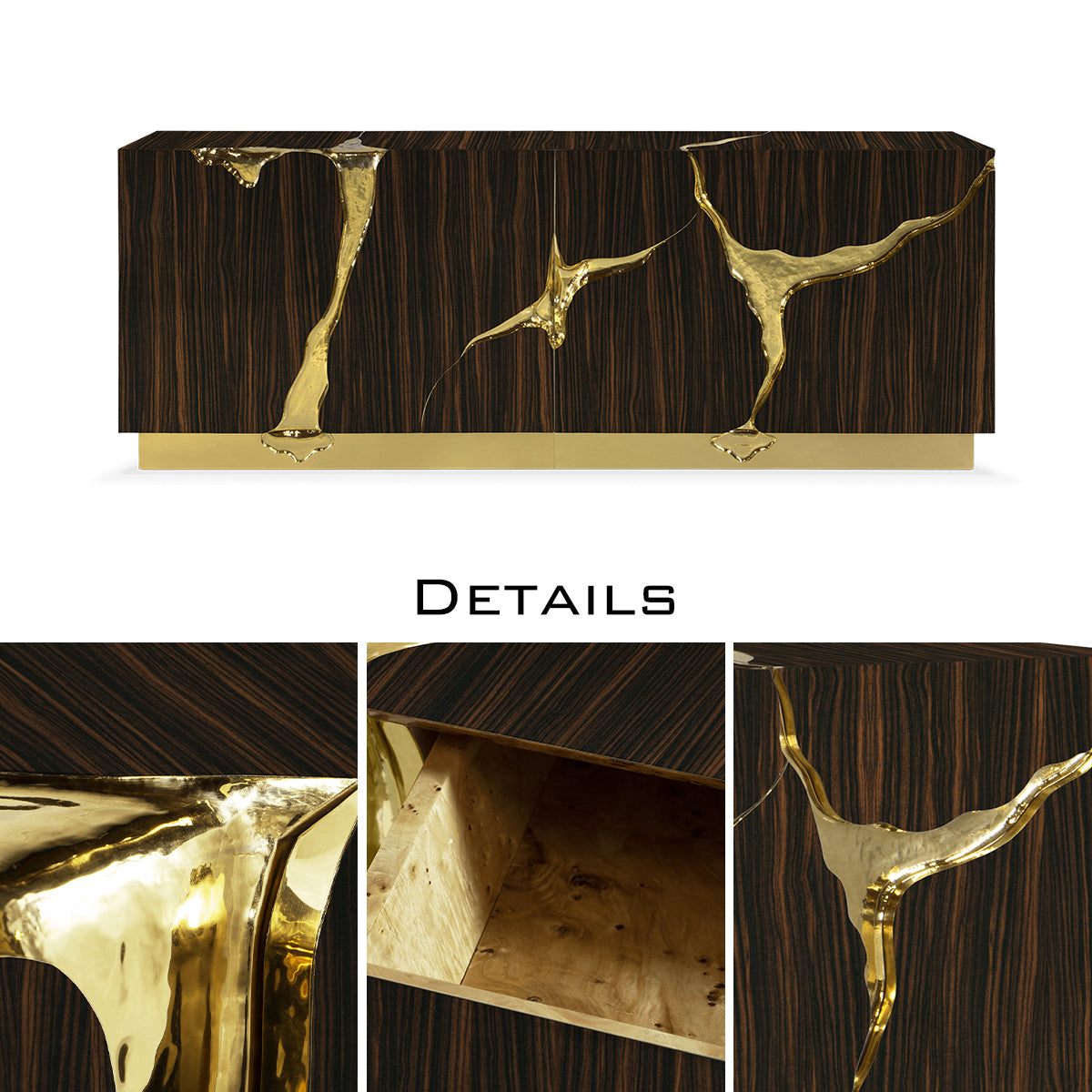 Black Gold Sideboard Cabinet with Sculptural Cracked Design