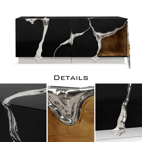 Black Gold Sideboard Cabinet with Sculptural Cracked Design