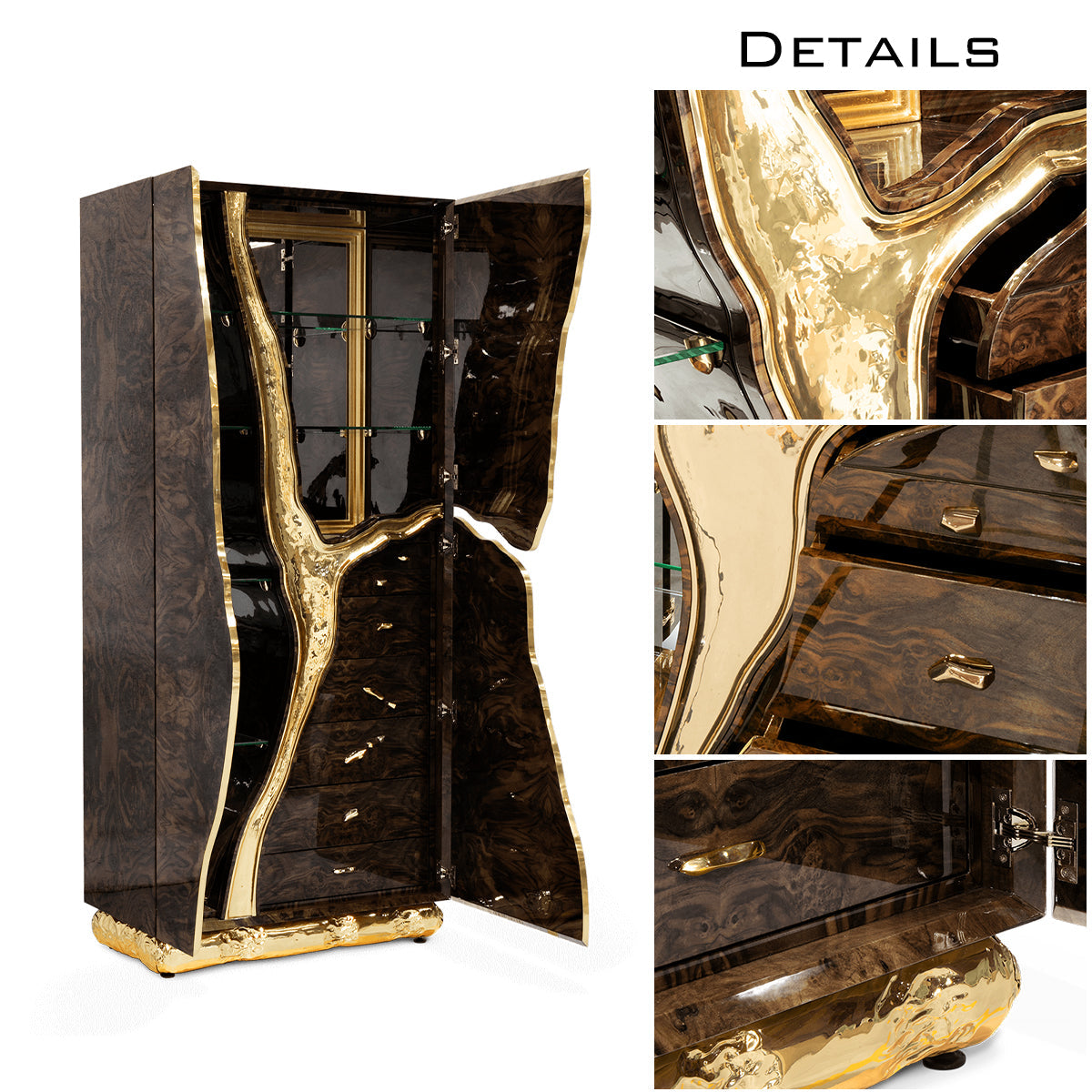 Walnut Brass Hidden Storage Display Cabinet Brass Accents
