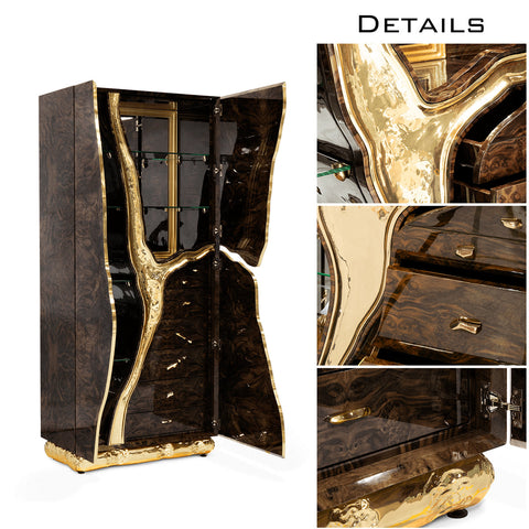 Walnut Brass Hidden Storage Display Cabinet Brass Accents
