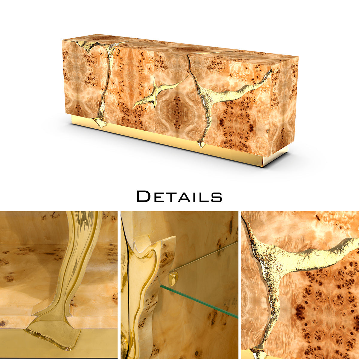 Black Gold Sideboard Cabinet with Sculptural Cracked Design
