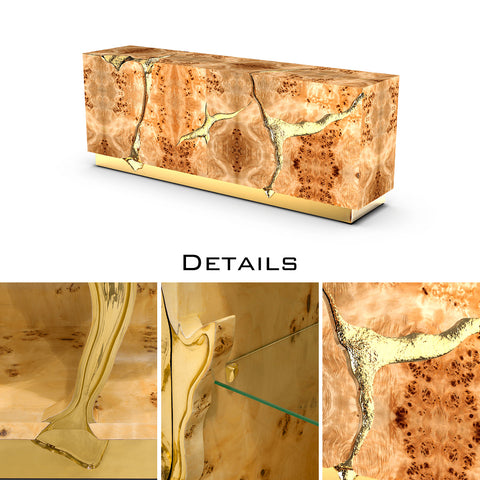 Black Gold Sideboard Cabinet with Sculptural Cracked Design