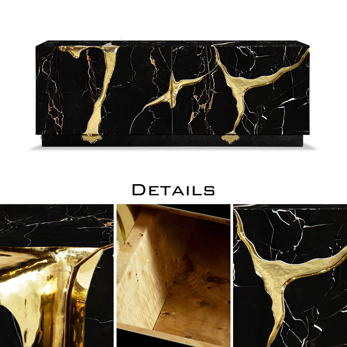 Black Gold Sideboard Cabinet with Sculptural Cracked Design