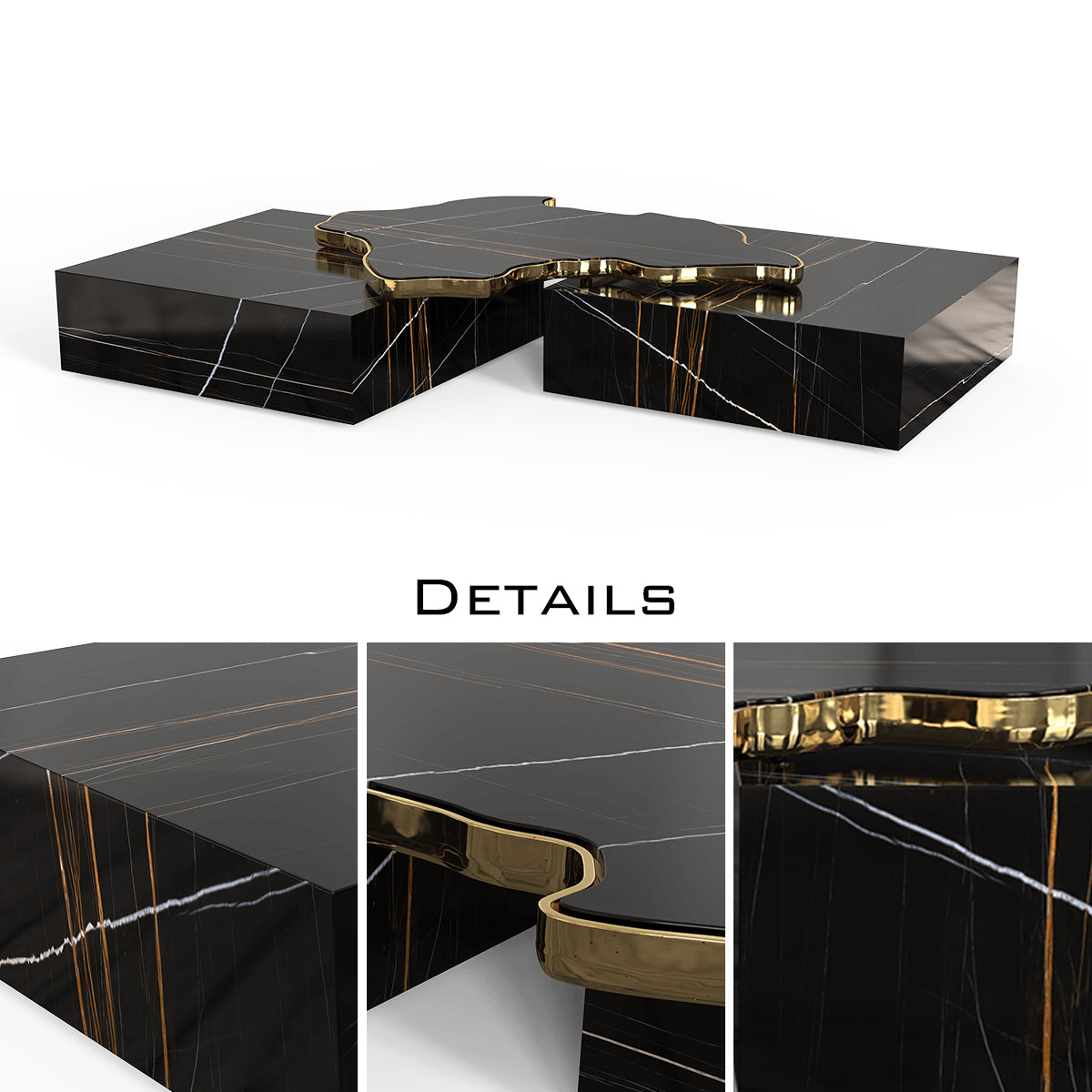 Luxury Sculptural Coffee Table Black & White High-Gloss Marble Finish