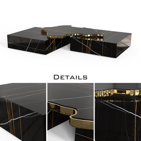 Luxury Sculptural Coffee Table Black & White High-Gloss Marble Finish