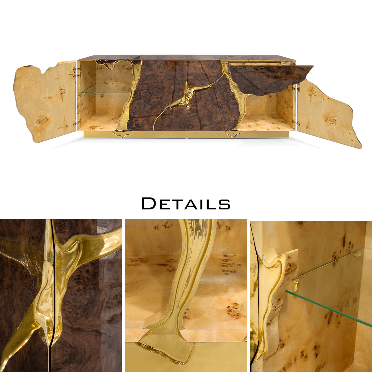 Black Gold Sideboard Cabinet with Sculptural Cracked Design