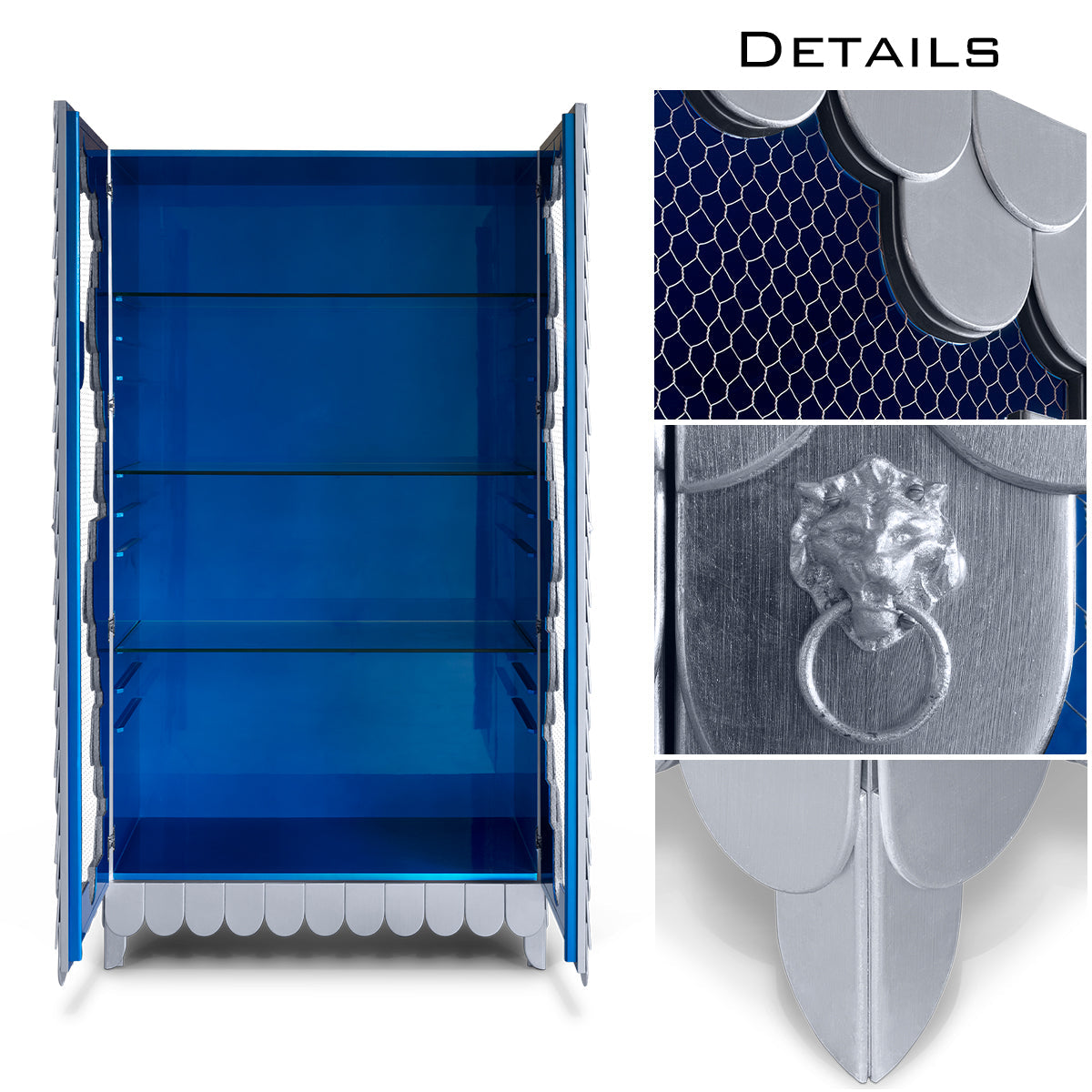 Glass Wood Blue Sculptural Form Display Cabinet