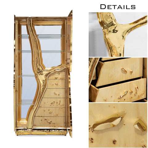 Walnut Brass Hidden Storage Display Cabinet Brass Accents