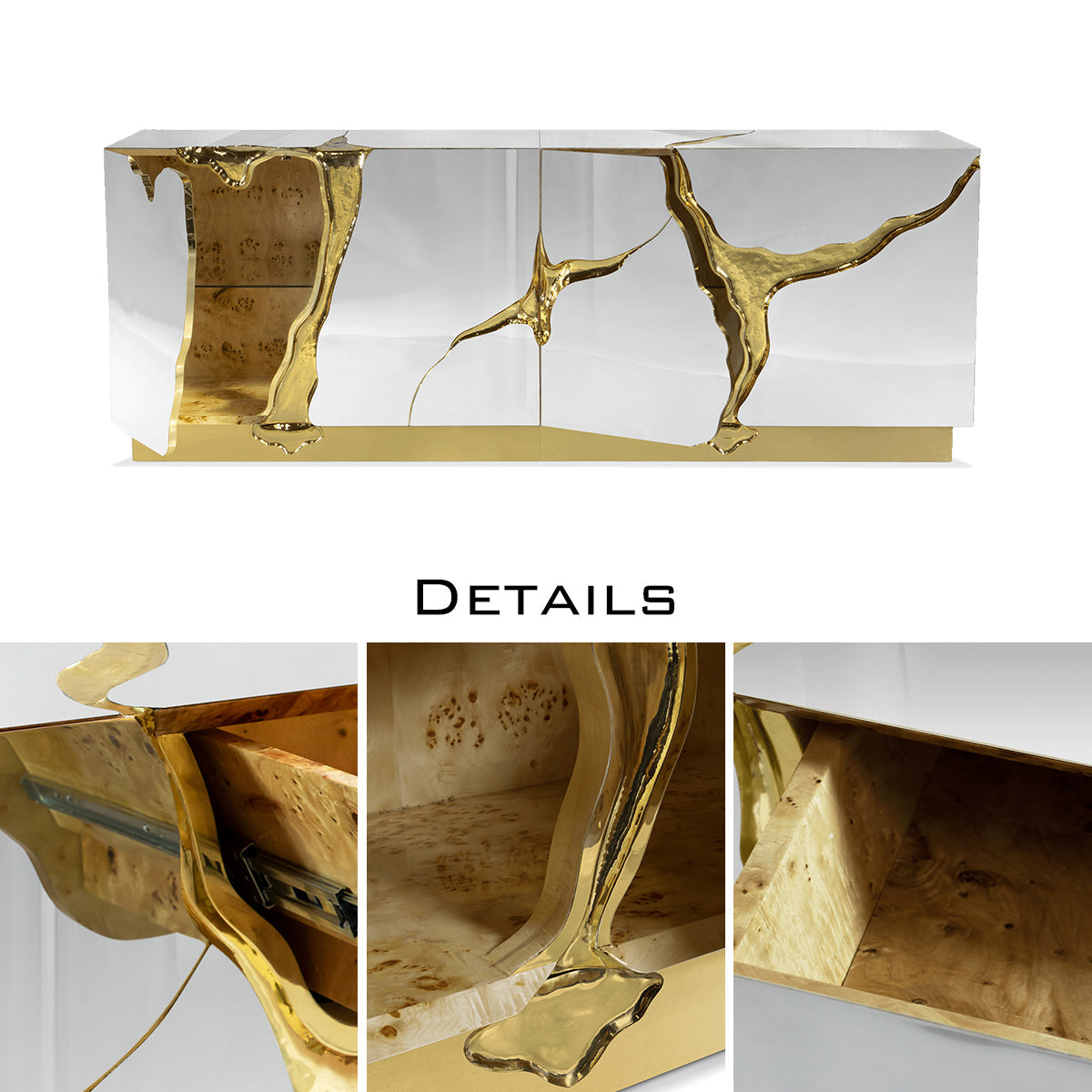 Black Gold Sideboard Cabinet with Sculptural Cracked Design