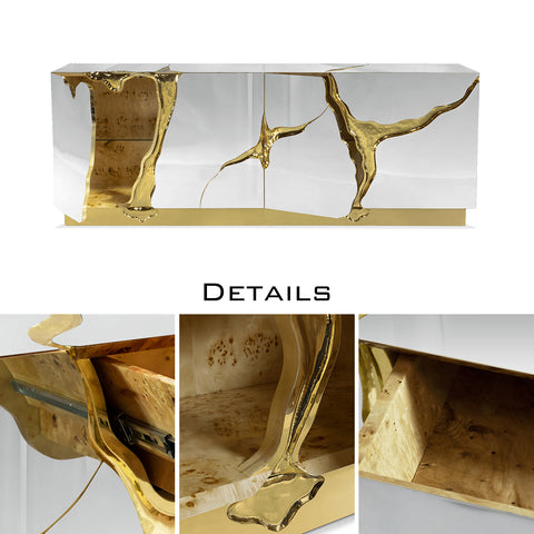Black Gold Sideboard Cabinet with Sculptural Cracked Design