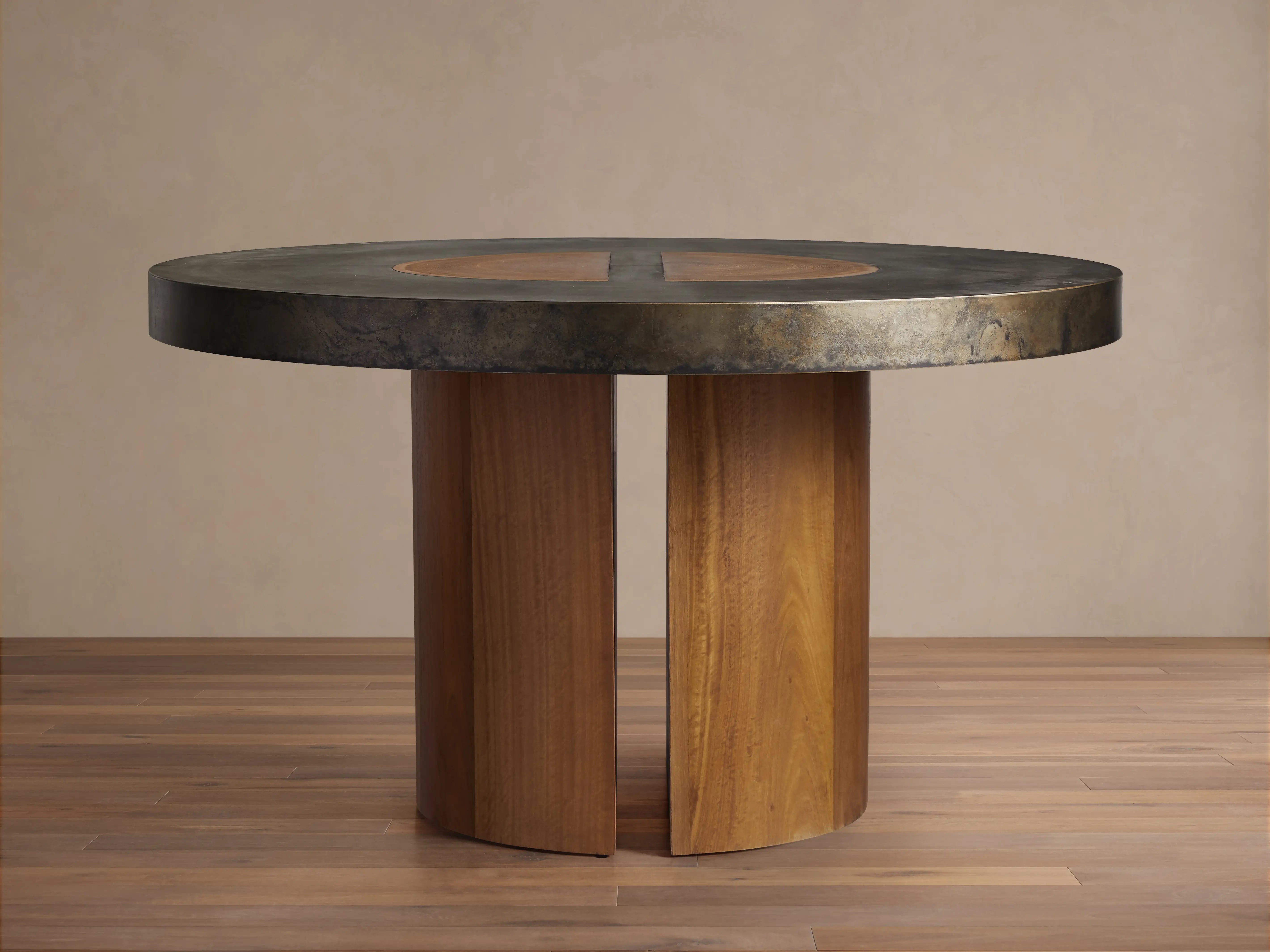 Acacius Round Dining Table Oxidized Steel Wood Industrial Artisanal Dining