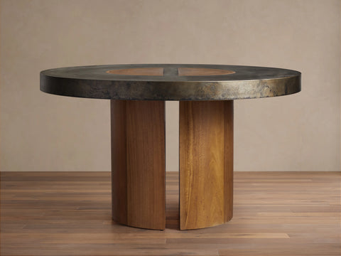 Acacius Round Dining Table Oxidized Steel Wood Industrial Artisanal Dining