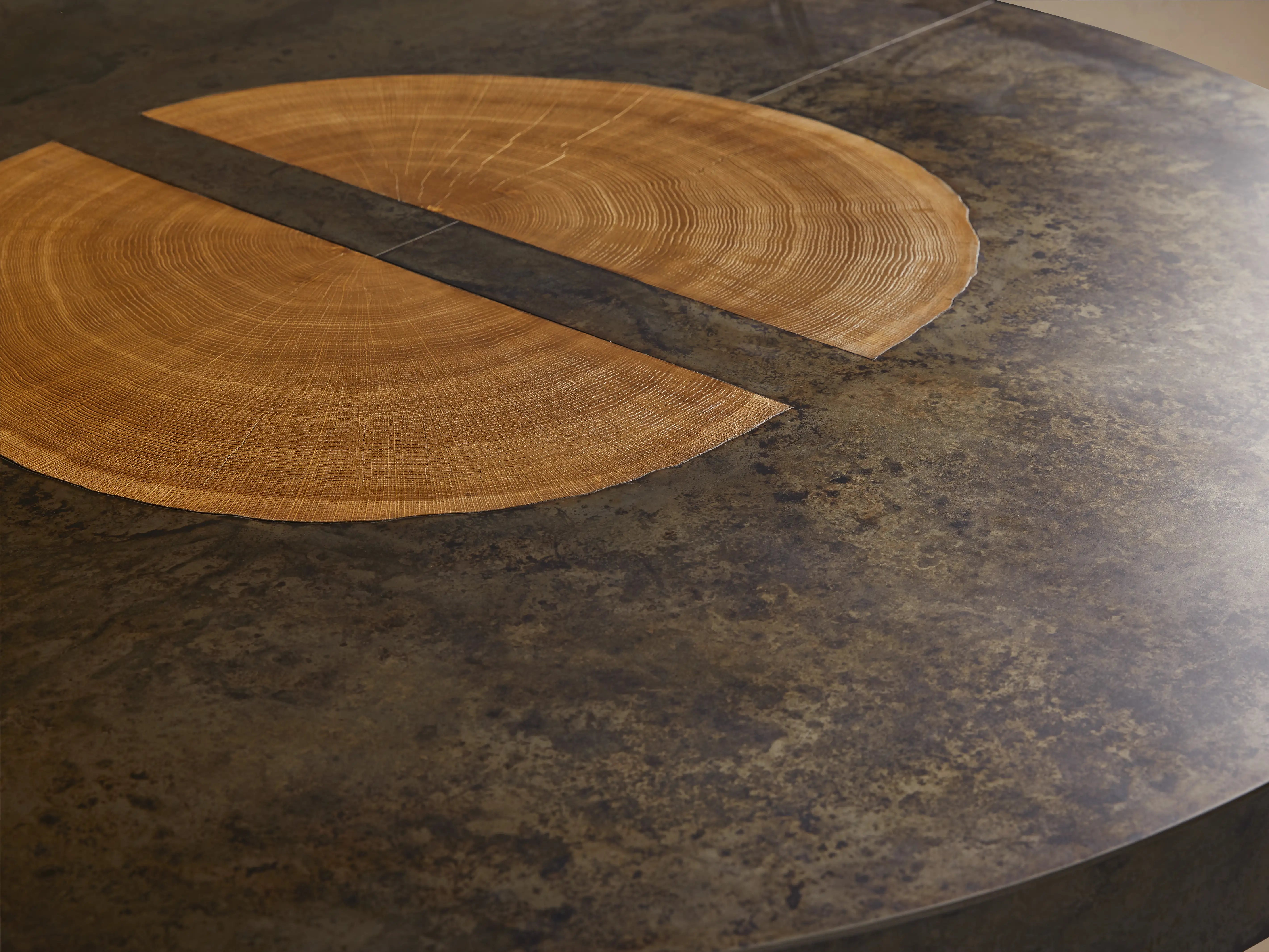 Acacius Round Dining Table Oxidized Steel Wood Industrial Artisanal Dining