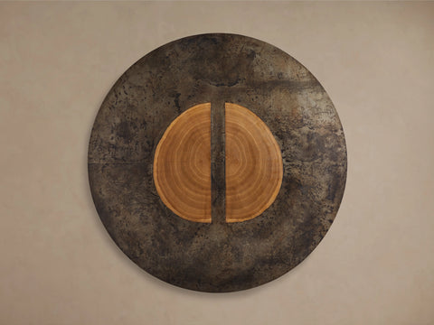 Acacius Round Dining Table Oxidized Steel Wood Industrial Artisanal Dining