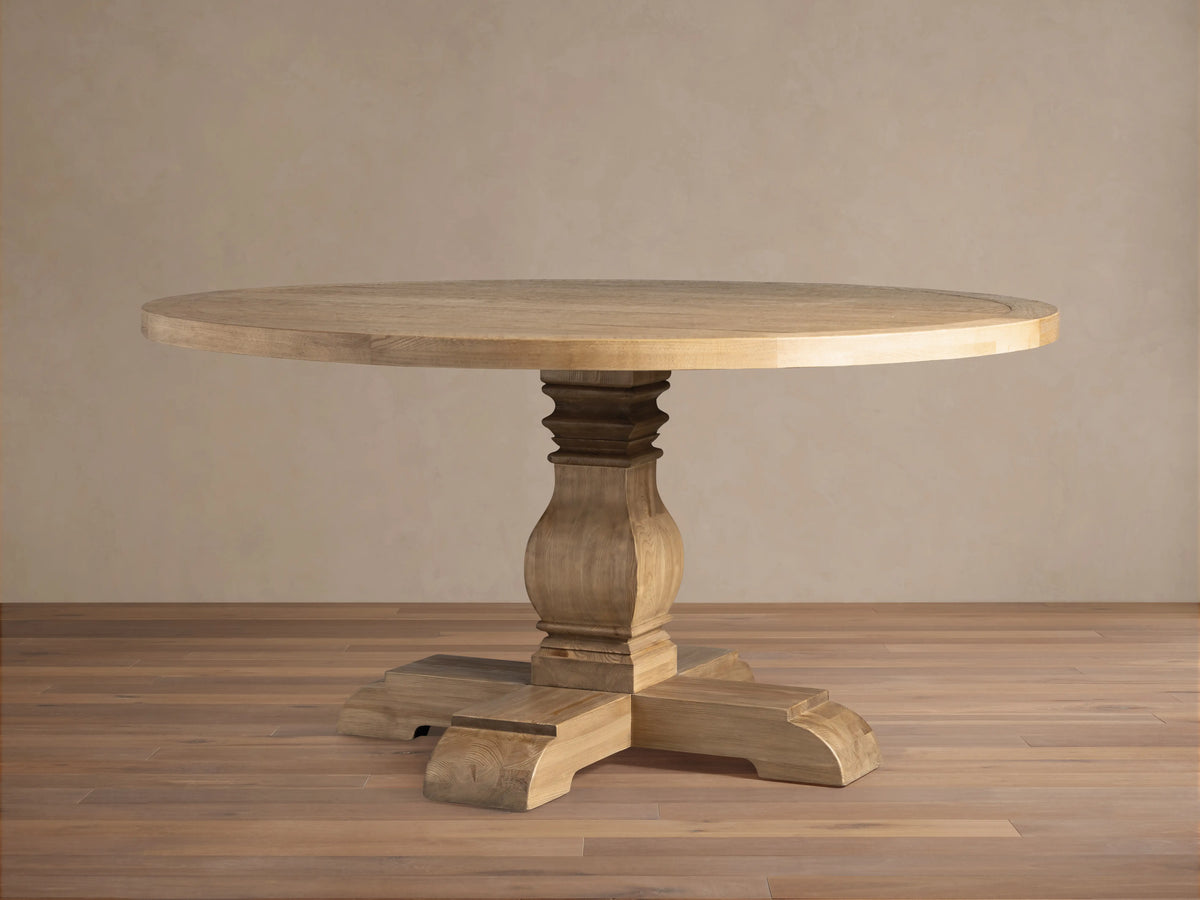 Kensington Round Dining Table Solid Oak Wood Artisanal Vintage Inspired Dining