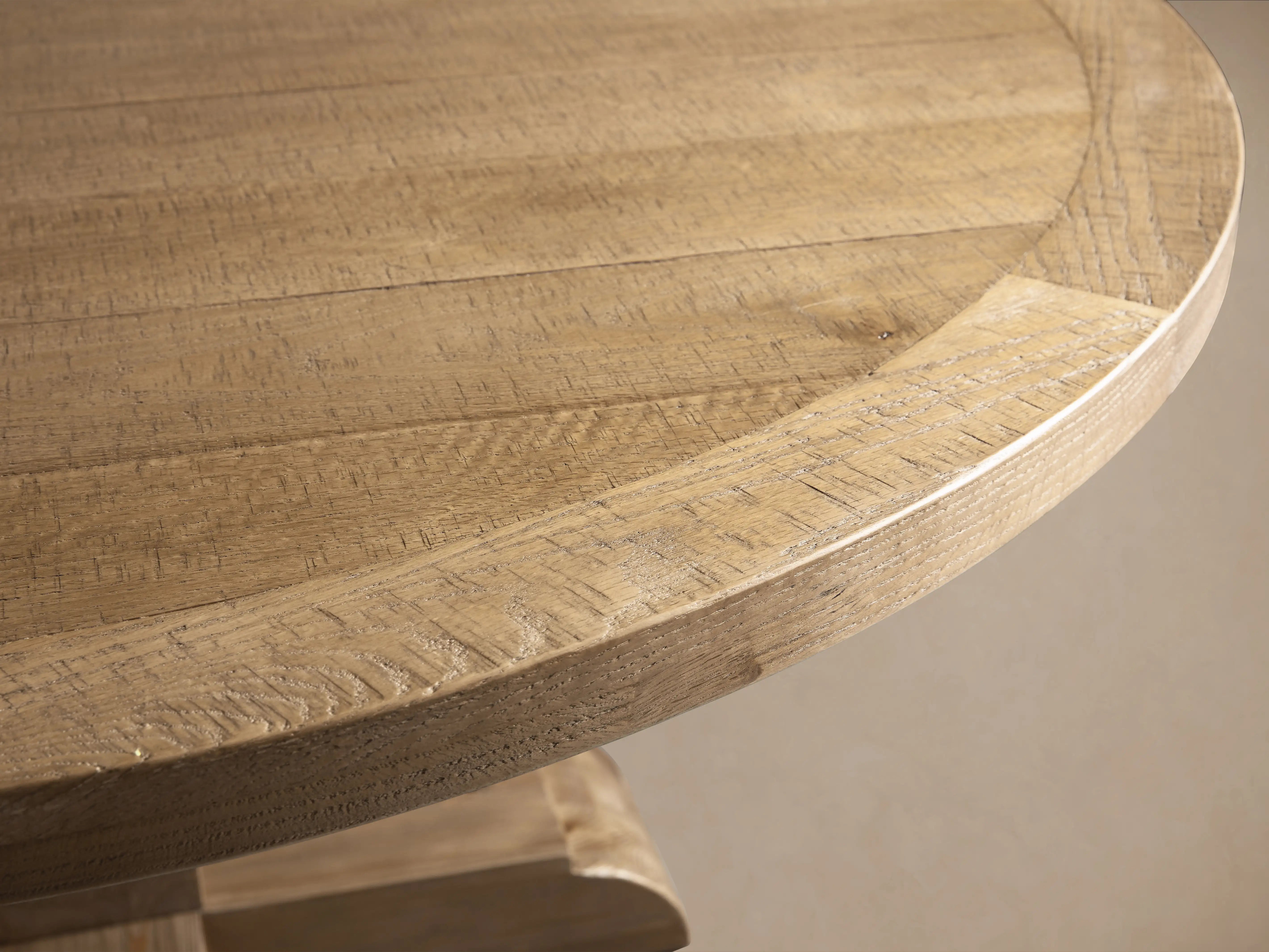 Kensington Round Dining Table Solid Oak Wood Artisanal Vintage Inspired Dining