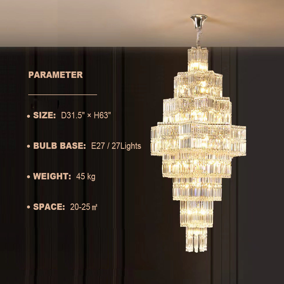 Extra Large Plaza Hall  Multi-Tier Crystal Chandelier Foyer Living Room Staircase Ceiling Lighting Fixture  In Chrome/ Silver Finish