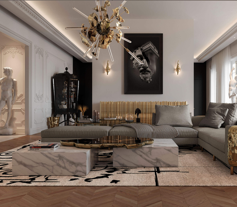 Luxury Sculptural Coffee Table Black & White High-Gloss Marble Finish