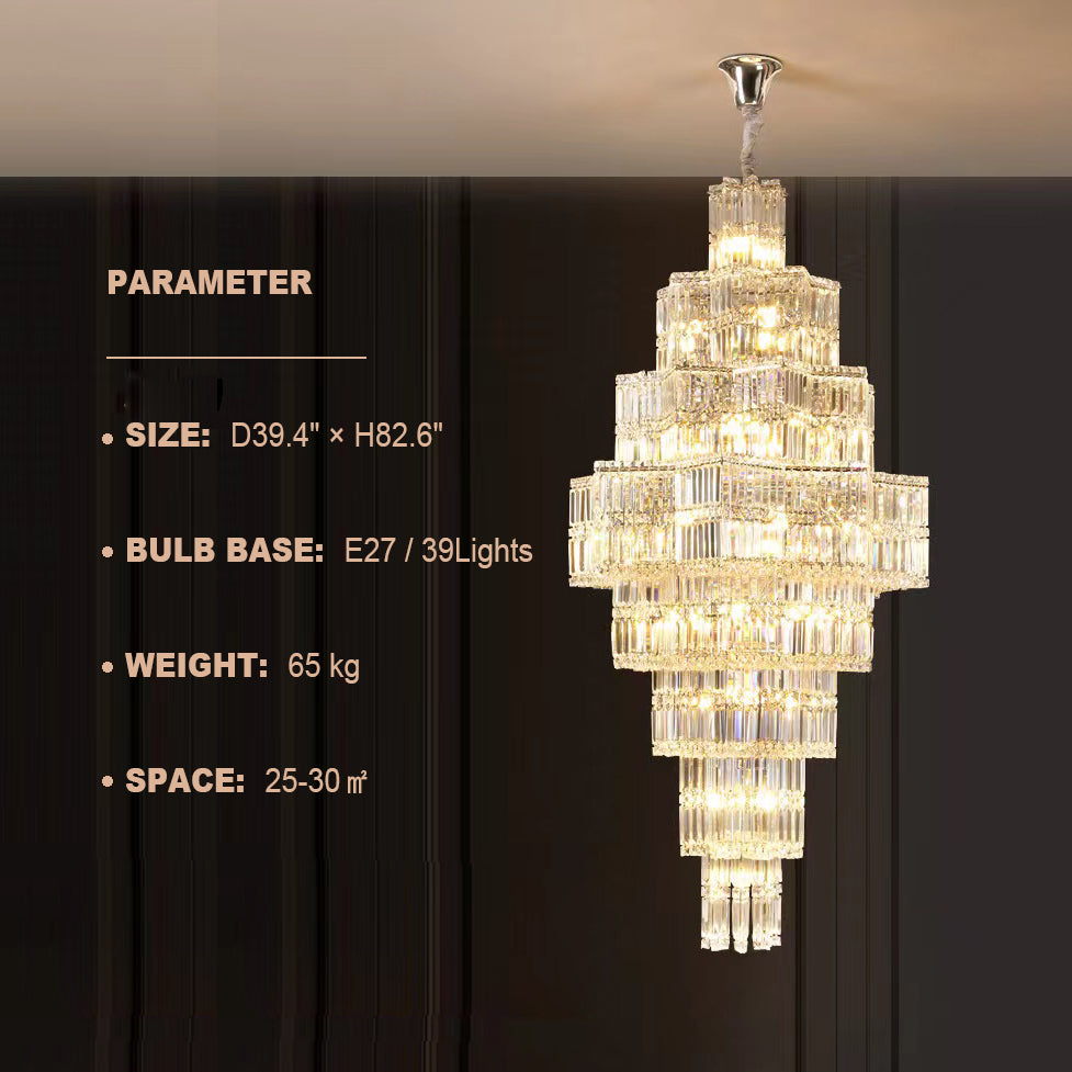 Extra Large Plaza Hall  Multi-Tier Crystal Chandelier Foyer Living Room Staircase Ceiling Lighting Fixture  In Chrome/ Silver Finish