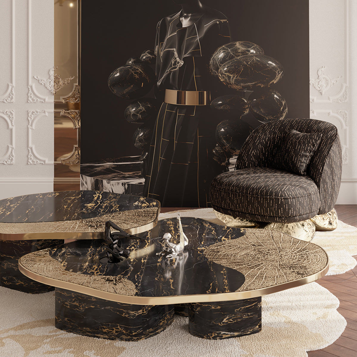 Brass Wood Sculptural Form Sideboard Living Room